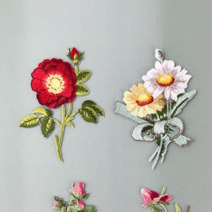 Flower Bouquet Embroidery Patch Poppy Daisy Rose Cherry, Embroidered Iron on Sewing on Applique, DIY Sew Supply of Denim Cloth, Bag, Trainer
