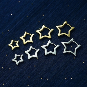 Par de aros con forma de estrella en plata de ley o chapado en oro, 4 tamaños de aro disponibles, cómodos aros apilables para piercing en la oreja.