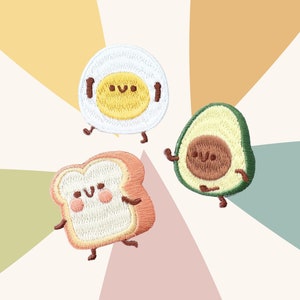 Bonita pegatina de parche de desayuno, diseño divertido, bordado para coser, tostada de huevo y aguacate, material de bricolaje para diario, billetera y funda de teléfono