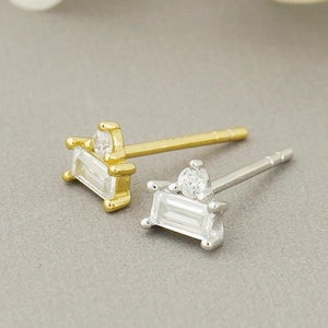 Pair of CZ Stud Earing in Sterling Silver or 18ct Plated Gold, Brilliant & Baguette Duo Stacked Stone, Delicate Ear Lobe, Cartilage Piercing