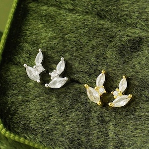 Pair of Marquise CZ Cluster Stud Earrings in Sterling Silver or 18ct Plated Gold, Dainty Small Crystal Gem Screw Back Ear Lobe Piercing