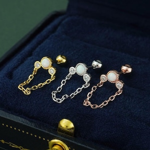 1 pc of Opal & CZ Ball Screw Back Stud Earring with Chain in Sterling Silver, Rose Gold or 18ct Gold Plated, Opulent Trio Gem Ear Piercing