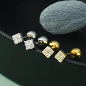 Pair of Sterling Stud Earring in Silver or Plated Gold, Tiny Square with Sparkly CZ Crystal Stones, Simple Screw Ball Back Ear Piercing