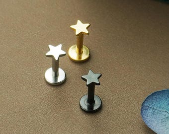 1 Pc Stainless Tiny Star Stud Earring in Steel, Black or Golden Colour, Flat Screw Back Mini Ear Lobe Helix Labret Piercing, 6mm or 8mm post