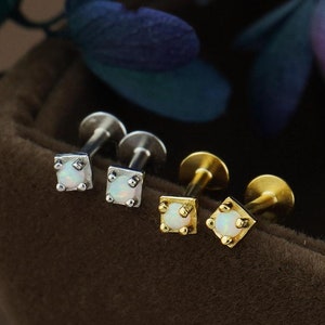 Pair of Flat Screw Back Opal Stud Earrings in Sterling Silver or Plated Gold, Tiny Gem Delicate Stacking Ear Lobe Cartilage Tragus Piercing