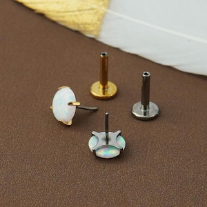 1pc Stainless Steel Round Opal Flat Back Push Pin Stud Earring, 3/4/5mm White Gem Stone, 16G Tiny Minimal Ear Lobe Tragus Cartilage Piercing