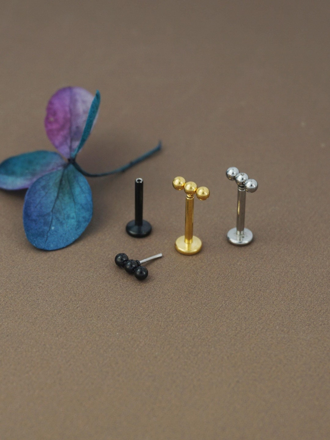 1pc Triple Ball Stainless Push Pin Flat Back Stud Earring Steel, Golden