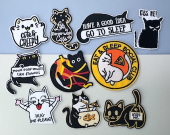 風変わりな猫のワッペン、10種類の面白いデザイン、刺繍入りアイロン/縫い付けアップリケ、子猫の扇風機の楽しい装飾、デニム生地、バッグ、トレーナー用のDIY縫製用品