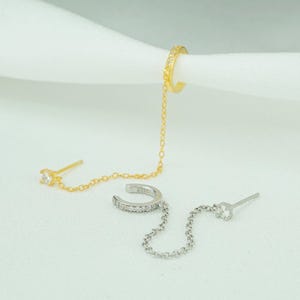 1 Pc of Sterling Stud Ear Cuff Chain Earring in Silver or Plated Gold with Dangly Drop Tassel, CZ Paved Dainty Lobe Piercing & Earcuff Combo