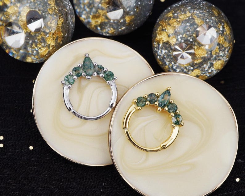 1pc of 20G Hinged Moss Agate Daith Earring Hoop in 18ct Gold Plated over Sterling Silver, Helix Cartilage Clicker, Septum Nose Ring Piercing image 1