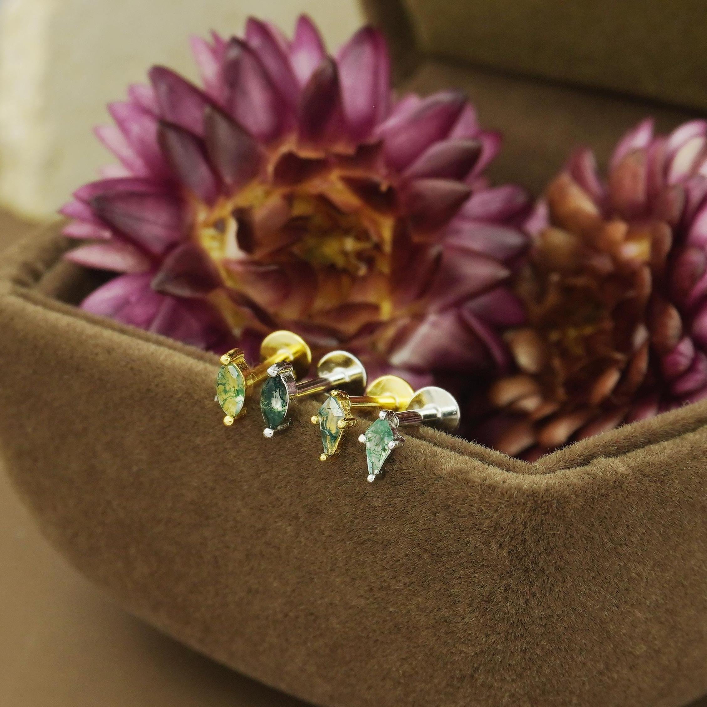 1pc Tiny Natural Green Moss Agate Flat Back Stud Earring in Sterling Silver or Plated Gold, Dainty Marquise/Kite Shape Helix Tragus Piercing