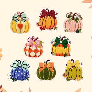 May include: A collection of eight embroidered pumpkin patches featuring various designs. The pumpkins are decorated with bows, hearts, stars, and checkered patterns in colors including yellow, orange, pink, blue, green, and olive with brown stems.