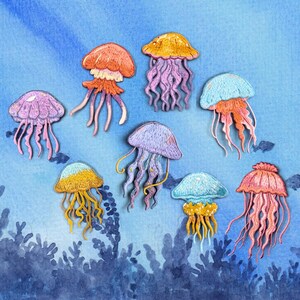 Sealife Patch, Set of 8 Jellyfish, Embroidered Iron on Sewed on Applique, Ocean Creature Decor, DIY Sew Supply for Denim, Tote Bag, Trainers
