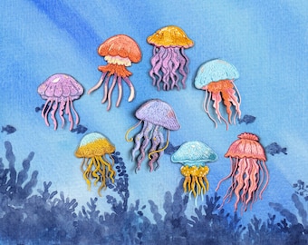 Sealife Patch, Set of 8 Jellyfish, Embroidered Iron on Sewed on Applique, Ocean Creature Decor, DIY Sew Supply for Denim, Tote Bag, Trainers