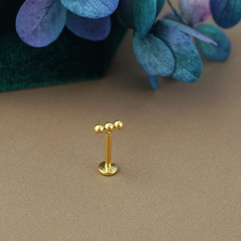 1pc Triple Ball Stainless Push Pin Flat Back Stud Earring Steel, Golden