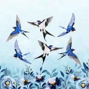 May include: A watercolour illustration of six swallows in flight, with blue and white feathers and black markings. The birds are set against a light blue background with a floral border of blue roses and foliage, creating a nature-inspired design.