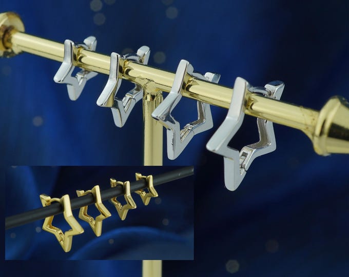 Featured listing image: Pair of Star Huggie Hoop Earring in Sterling Silver or Plated Gold, 4 Loop Sizes Available, Comfy Little Ear Stacking Piercing Cuff Ring