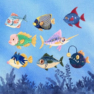 May include: A collection of eight embroidered fish patches arranged on a light blue background. The set includes a light blue fish, a yellow and blue striped angelfish, a dark blue fish, a green fish, a swordfish, a blue and yellow fish, a grey fish, and a dark blue anglerfish with a glowing lure.