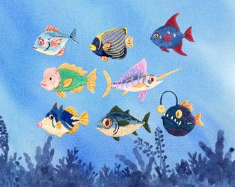 Sealife Patch, Set of 8, Embroidered Iron on Sewing on Applique, Ocean Creature Fan Decor, DIY Sew Supply for Denim, Tote Bag, Trainers