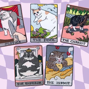 Witziger Katzen Aufnäher, 5 Tarot Designs, Gesticktes Aufnähen, Aufnäher, Kitten Fan Fun Decor, DIY Sew Versorgung für Denim Tuch, Tasche, Trainer