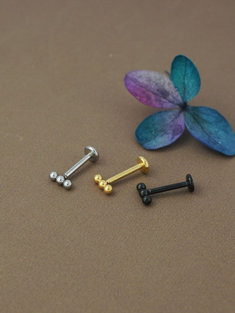 1pc Triple Ball Stainless Push Pin Flat Back Stud Earring Steel, Golden