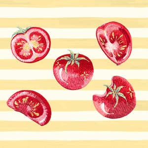 May include: An embroidered pattern featuring five red tomatoes in various states of wholeness and slicing, including one whole tomato, two halves, and two wedges, set against a background of horizontal pale yellow and white stripes.