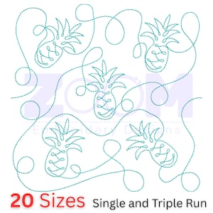 May include: An embroidered design featuring teal pineapples linked by swirling lines. The text reads "20 Sizes" in red and "Single and Triple Run". This design is intended for embroidery projects.