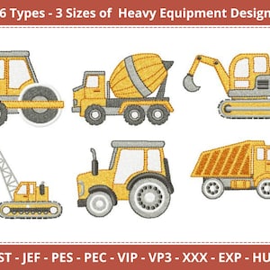 May include: Six different types of heavy equipment designs in three sizes. The designs are yellow and grey and include a cement mixer, a bulldozer, a backhoe, a crane, a tractor, and a dump truck.