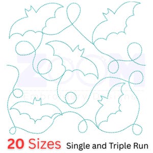 Puede incluir: Un fondo blanco presenta un diseño de bordado turquesa de murciélagos conectados por líneas en espiral. El texto "20 Sizes" en rojo y "Single and Triple Run" en negro está en la parte inferior.