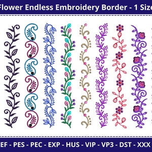 Blumen Bordüren Muster, 20 cm lange Bordüren Muster, Endlos Stickmuster, 20 cm breite Bordüren