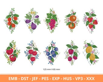 Fruits Embroidery Designs Set, Mango, Apple, strawberry, cherry, grapes, orange Machine Embroidery Pattern and Design Set - Instant Download