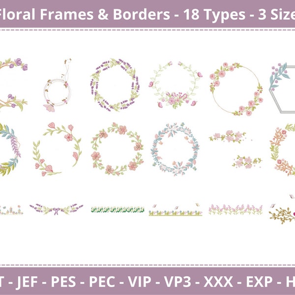 Cadres floraux et motifs de broderie de bordure, motif et motif de broderie Machine Couronne de fleurs - 18 modèles - 3 tailles chacun-téléchargement instantané