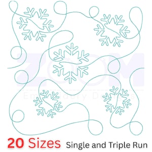 Puede incluir: Un fondo blanco presenta un diseño de copo de nieve turquesa con un patrón de línea continua. El texto "20 Tamaños" en rojo y "Single and Triple Run" en negro se encuentra en la parte inferior, indicando opciones de tamaño.