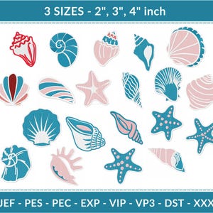 Pode incluir: Desenhos bordados de conchas e estrelas do mar em tons de vermelho, verde-azulado e rosa. O texto "3 SIZES - 2", 3", 4" inch" é exibido na parte superior. A parte inferior da imagem mostra formatos de arquivos de bordado. As medidas são de aprox. 5, 7,6 e 10 cm.