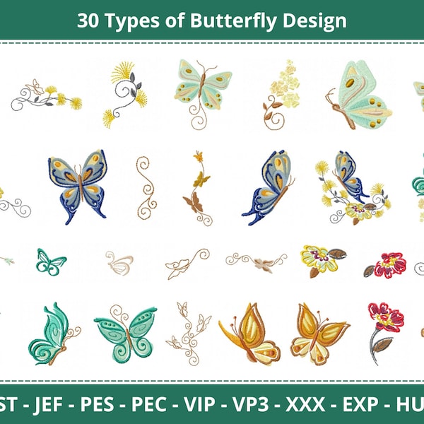 Motifs de broderie de papillons, fleurs, papillons de jardin motif décoratif de broderie Machine et conception - 30 modèles - téléchargement immédiat