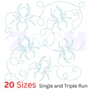 Könnte beinhalten: Ein weißer Hintergrund mit einem tealfarbenen Spinnen-Stickmuster. Fünf Spinnen sind durch eine durchgehende Linie verbunden, mit dem Text "20 Größen" in Rot und "Single and Triple Run" in Schwarz.
