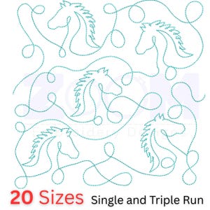 May include: An image featuring a repeating pattern of stylized horse heads in a teal color, connected by flowing lines. The text "20 Sizes" in red and "Single and Triple Run" is at the bottom. The design is on a white background.