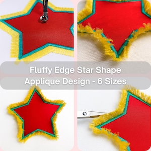 Puede incluir: Un diseño de aplique en forma de estrella roja con un borde amarillo esponjoso y un borde turquesa. La imagen muestra el diseño en múltiples vistas, con el texto "Fluffy Edge Star Shape Applique Design - 6 Sizes".