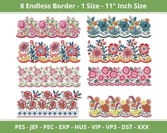 Nature-Inspired Flower Edge Border Designs - Machine Embroidery Patterns - 8 Border - 11" Inch Sizes - Instant Download