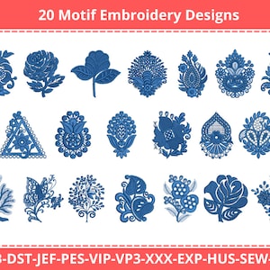 20 eleganta maskinbroderimönster med motiv | Blommor, paisleymönster och dekorativa element i flera format | Direkt nedladdning