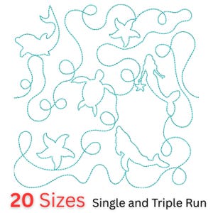 Puede incluir: Un dibujo lineal turquesa de criaturas marinas, incluyendo un delfín, estrella de mar, tortuga, ballena y sirena, conectados por una línea continua. El texto "20 Sizes Single and Triple Run" se muestra en rojo y negro.