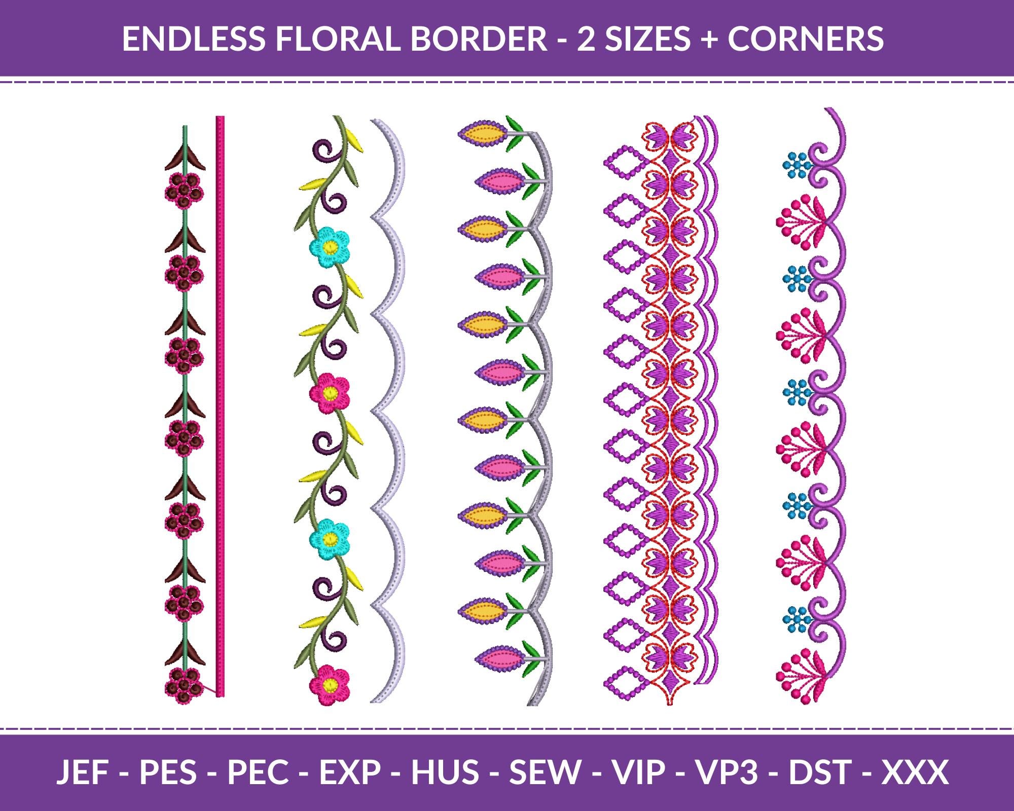 Endless Floral Border Embroidery Designs, 2 Size of Border +