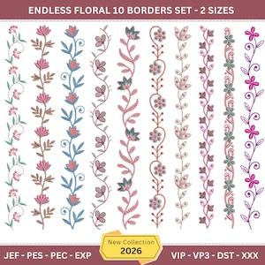 May include: An image showcasing a set of ten floral border designs in various colors, including pink, blue, and green. The borders feature detailed floral and leaf patterns. Text at the top reads "ENDLESS FLORAL 10 BORDERS SET - 2 SIZES." The bottom text includes "New Collection 2026."
