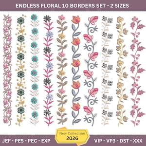 Puede incluir: Imagen que muestra diez diseños de bordes florales diferentes. Cada diseño presenta una disposición vertical de flores y hojas en varios colores, incluyendo rosa, verde y amarillo. El texto "ENDLESS FLORAL 10 BORDERS SET - 2 SIZES" está en la parte superior, con "New Collection 2026" en la parte inferior.
