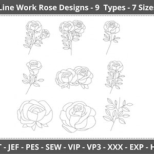 Può includere: Nove diversi disegni di rose in arte lineare in vari stili. I disegni sono in bianco e nero e sono adatti per il ricamo.