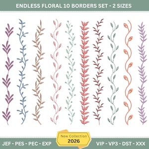 May include: An image showcasing ten different floral border designs in various colors, including purple, blue, brown, pink, and green. The borders are vertical and feature leaf and vine patterns. The text "ENDLESS FLORAL 10 BORDERS SET - 2 SIZES" is at the top.