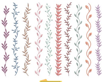Op de afbeelding: Een afbeelding met tien verschillende verticale bloemenrandontwerpen in verschillende kleuren, waaronder paars, blauw, bruin, roze en groen. De randen hebben blad- en wijnstokpatronen. De tekst "ENDLESS FLORAL 10 BORDERS SET - 2 SIZES" staat bovenaan.