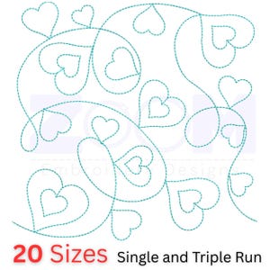 Puede incluir: Diseño de bordado turquesa con un patrón de corazones interconectados. El diseño incluye el texto "20 Tamaños Single and Triple Run" en rojo y negro. Los corazones están delineados con una puntada continua.