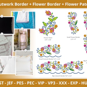 Könnte beinhalten: Eine Collage von Stickmustern mit floralen Motiven. Die Designs umfassen einen Blumenfleck, eine kleine Blumenbordüre, eine große Blumenbordüre, eine kleine Cutwork-Bordüre und eine große Cutwork-Bordüre. Die Designs sind in den Formaten DST, JEF, PES, PEC, VIP, VP3, XXX, EXP und HUS verfügbar.