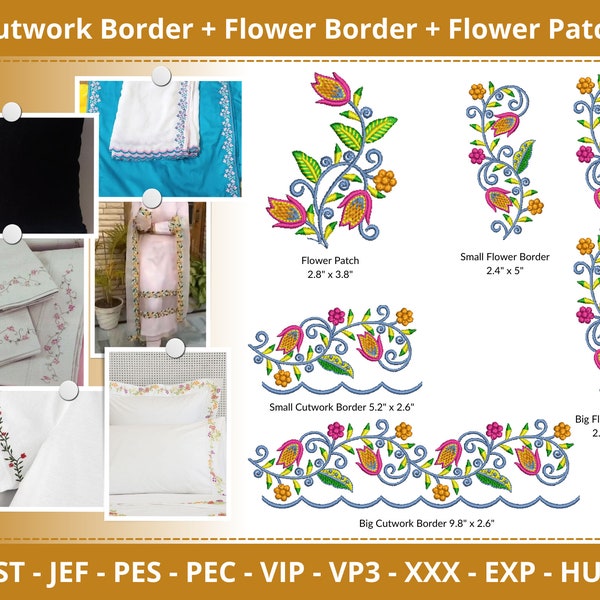 Border and Flower Patch Machine Embroidery Designs for Towel, Bedsheet, Pillow, Women's Fashion & Universal Creative Use - Instant Download